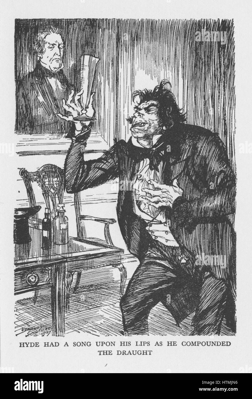 Robert Louis Stevenson "L'étrange cas du Dr Jekyll et Mr Hyde' d'abord publié 1886. Mr Hyde sur sa visite au Dr Lanyon se mélange avec les produits chimiques qu'il y a envoyé le Dr Jekyll, boissons en bas le mélange. Illustration par Edmund J. Sullivan, d'une édition p Banque D'Images