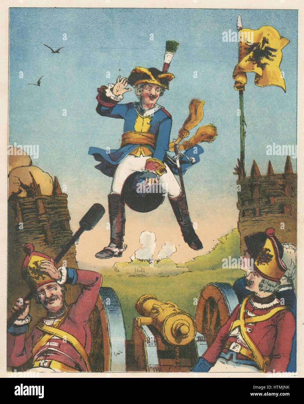 Munchausen, surprenant les artilleurs en arrivant au milieu d'eux monté sur un boulet de canon. RE de la 'Raspe Voyages et aventures surprenantes de Baron Munchausen", publié pour la première fois en 1785. Chromolithographie d'une édition française c1850 Banque D'Images