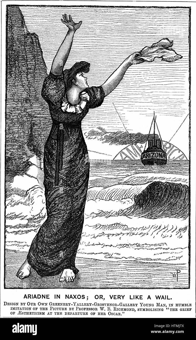 Oscar Wilde (1854-1900) dramaturge irlandais, romancier, poète et d'esprit, quitte l'Angleterre à tour America.Caricature de 'Punch' Londres, 4 février 1882, montrant l'esthétisme, comme Ariadne à Naxos, déplorant le départ d'Oscar. Gravure sur bois Banque D'Images