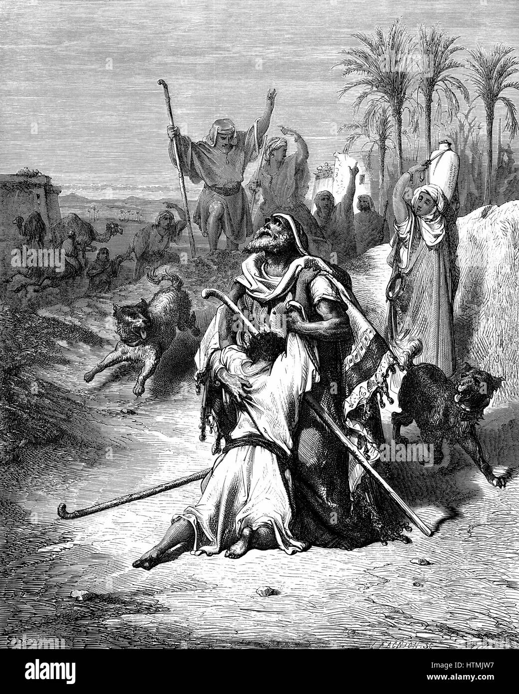 Retour du fils prodigue "Bible" Luc 15:20. De Gustave Dore illustré "Bible" en 1865-6. La gravure sur bois Banque D'Images