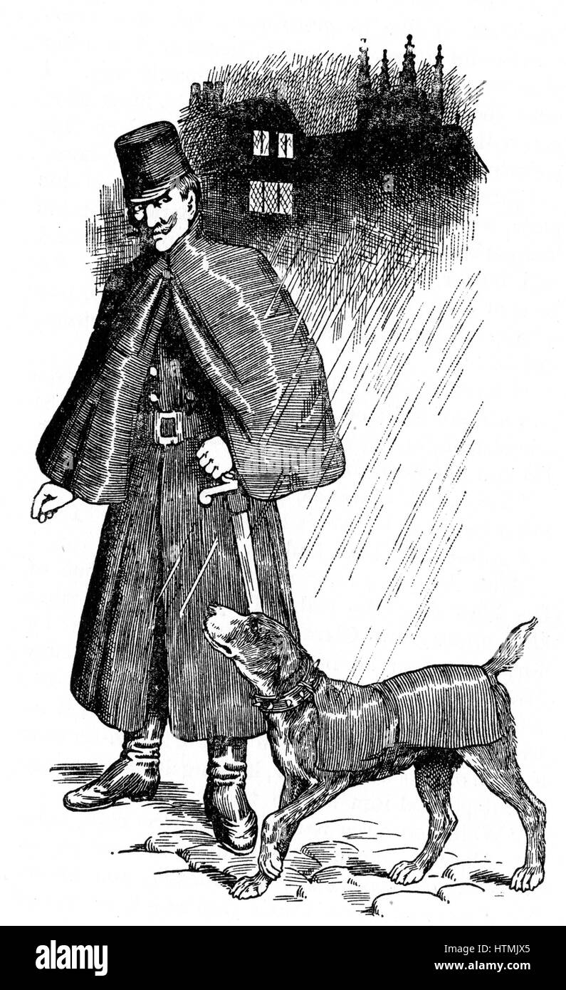 Chien de police de Gand, équipé de son propre manteau mackintosh pour temps humide, avec son maître. Mackintosh, un tissu imperméable caoutchouté. La gravure, Londres, 1907 Banque D'Images