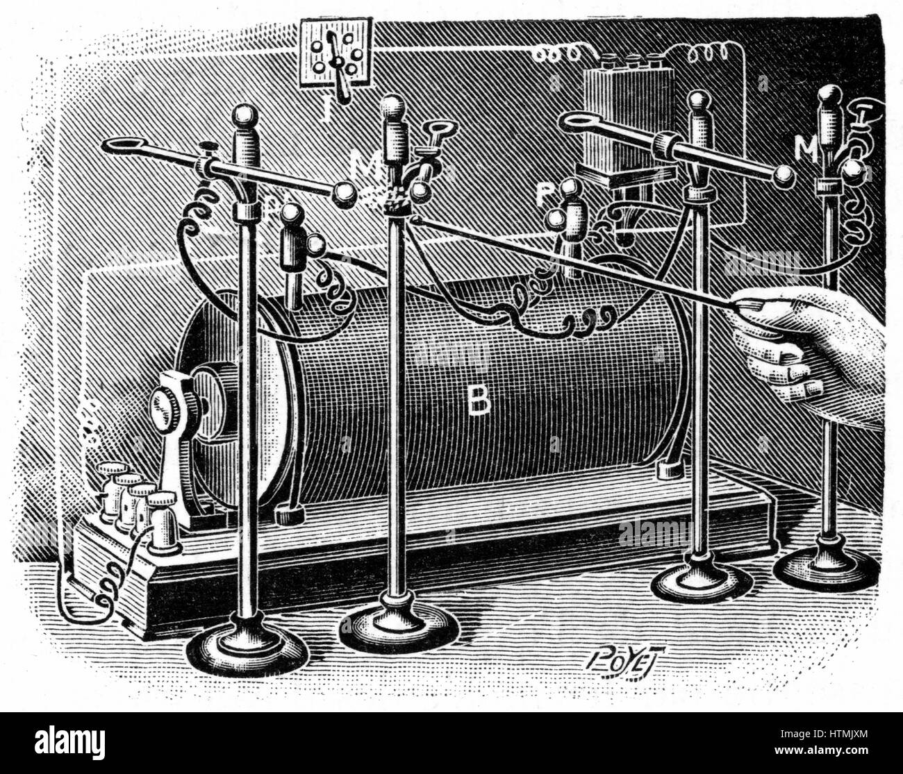 Chemins de l'alpha, bêta et les rayons gamma à partir d'un échantillon de radium placée entre pôles d'électroaimant, employé dans le laboratoire des curies, Paris. Publié gravure Paris, 1904 Banque D'Images