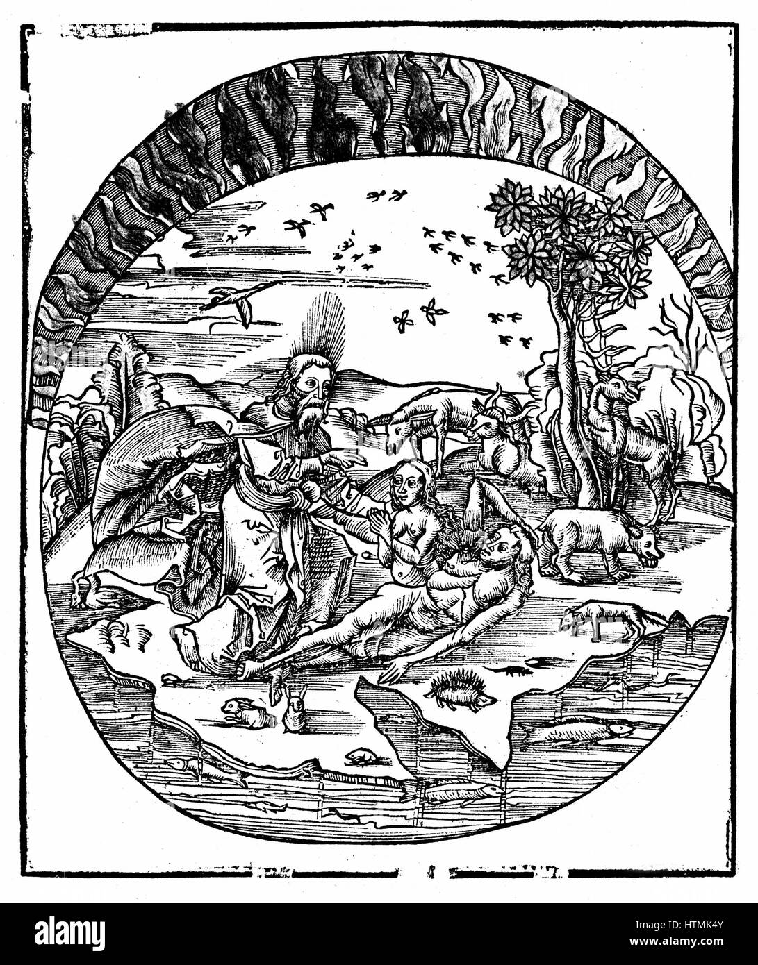 Dieu créant Eve de la côte d'Adam. "Bible" en genèse. Illustre le concept de Thales 250-504 flottant sur l'eau avec de l'air et du feu au-dessus. Quatre éléments grecs. Gravure sur bois de 1508 Banque D'Images