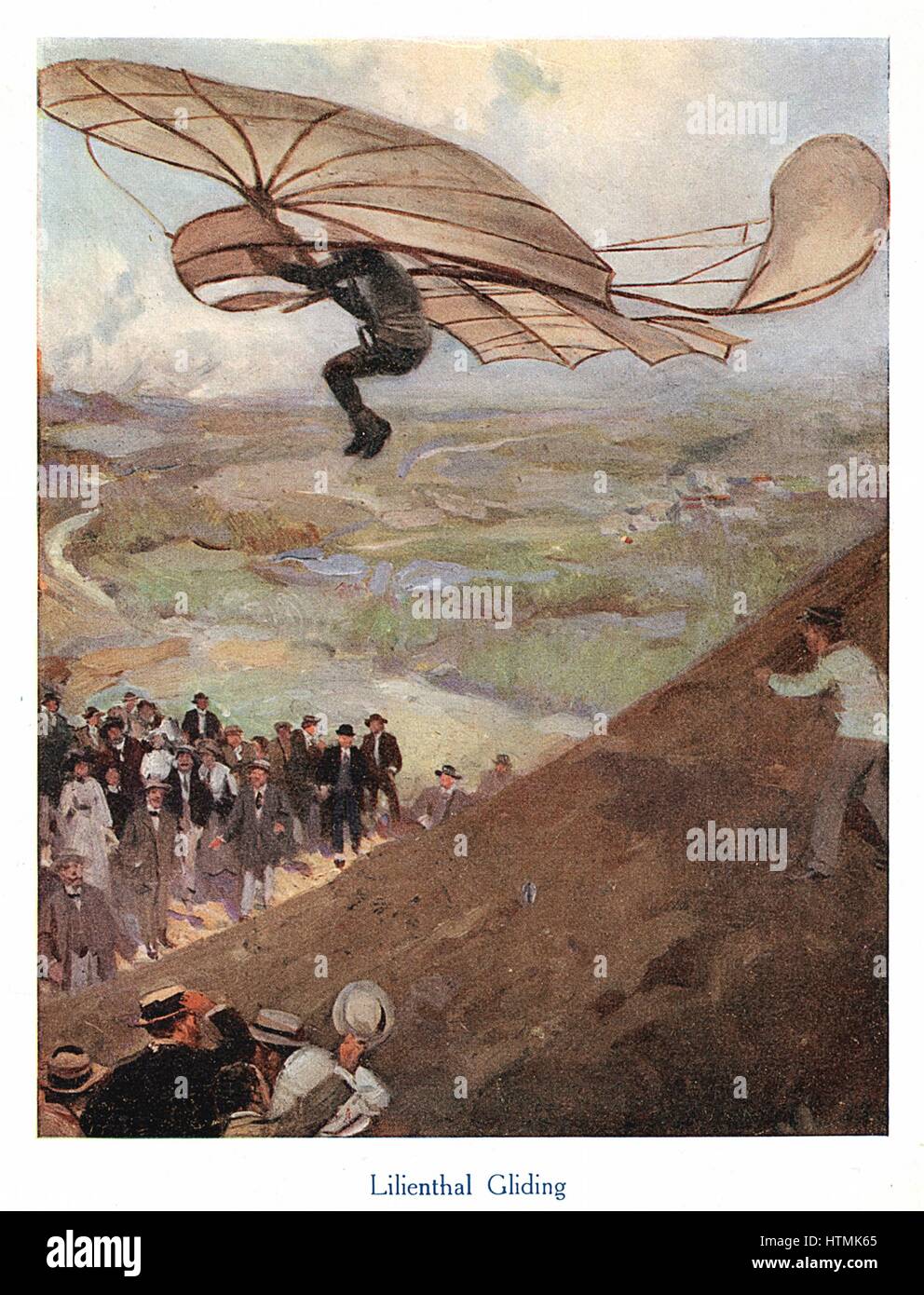 Otto Lilienthal (1848-96), en allemand, en tenant l'aéronaute de l'air dans l'un de ses planeurs. Il a fait plus de 2 000 vols avant d'être tué dans un accident. Du début du 20e siècle livre pour enfants Banque D'Images