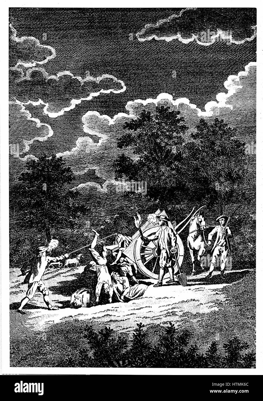 Enterrer les victimes de la Peste de Londres (1665) la nuit dans plusieurs fosses communes. Deux des hommes sont des pipes, en partie pour lutter contre la puanteur des cadavres, en partie dans l'espoir que la fumée du tabac ne les empêche de devenir infectées. La gravure sur cuivre Banque D'Images