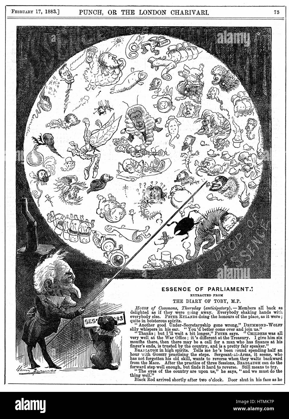 L'essentiel du Parlement : Caricature par Harry Furniss marquant l'ouverture de la première session du Parlement pour 1883, montrant les politiciens comme les microbes dans une goutte d'eau. À partir de 'Punch', Londres, 17 février 1883. A ce moment des conférences publiques étaient donnés Banque D'Images