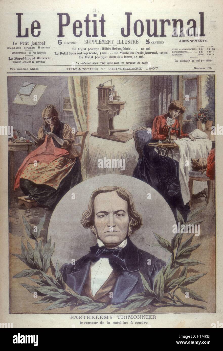 Barthlemy Thimonnier (1793-1857), inventeur français. Machine à coudre d'abord breveté pour être mis en pratique, Paris, 1830. Fait 80 pour produire des uniformes de l'armée, mais détruit par les tailleurs inquiets pour l'emploi. À partir de 'Le Petit Journal', Paris, 1 septembre 1907. Banque D'Images