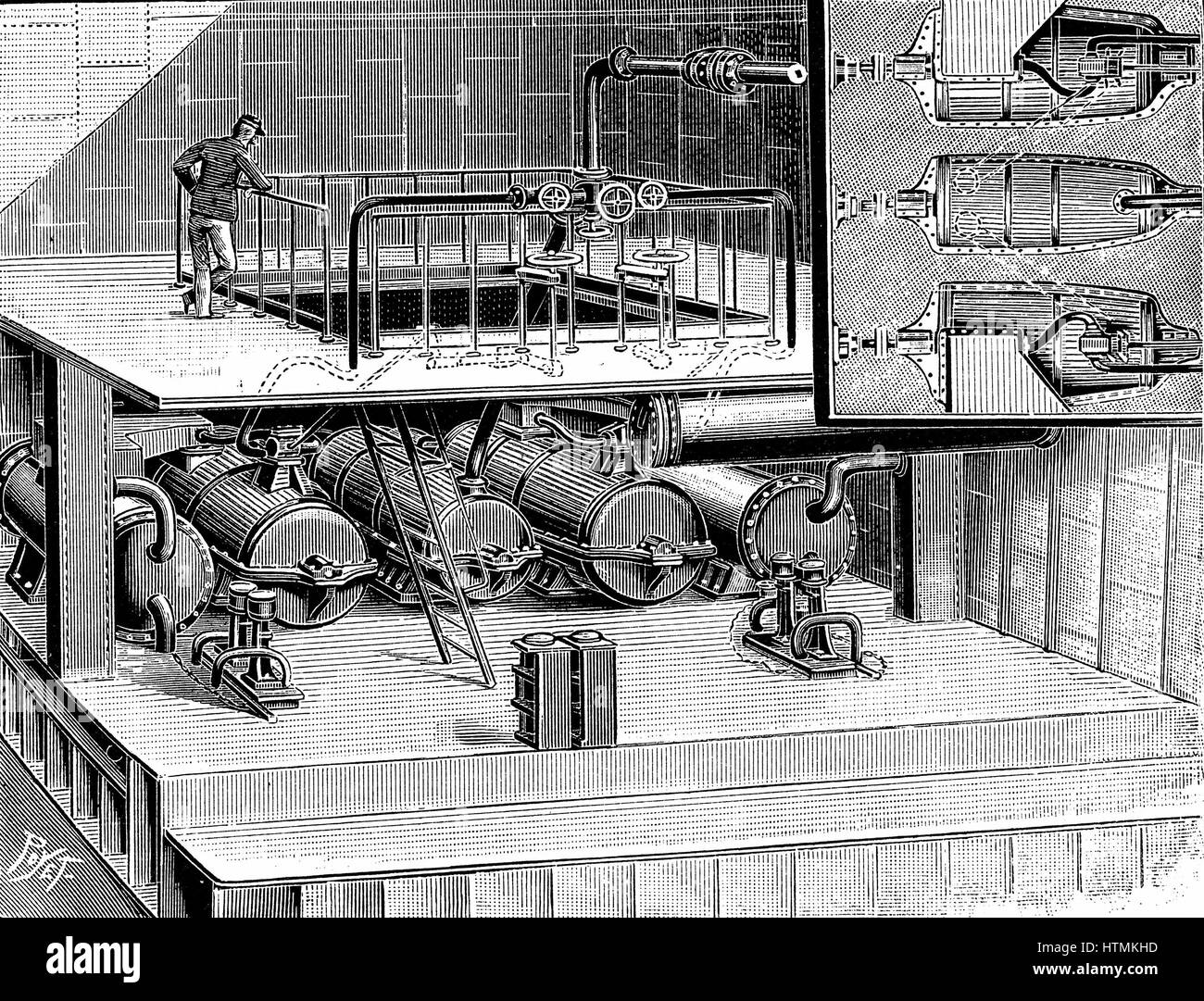 Les turbines à vapeur conçu par l'ingénieur anglo-irlandais Sir Charles Parsons (1854-1931) introduit dans le paquet de Douvres bateau "Reine". À partir de 'La nature', Paris 1904. Gravure Banque D'Images
