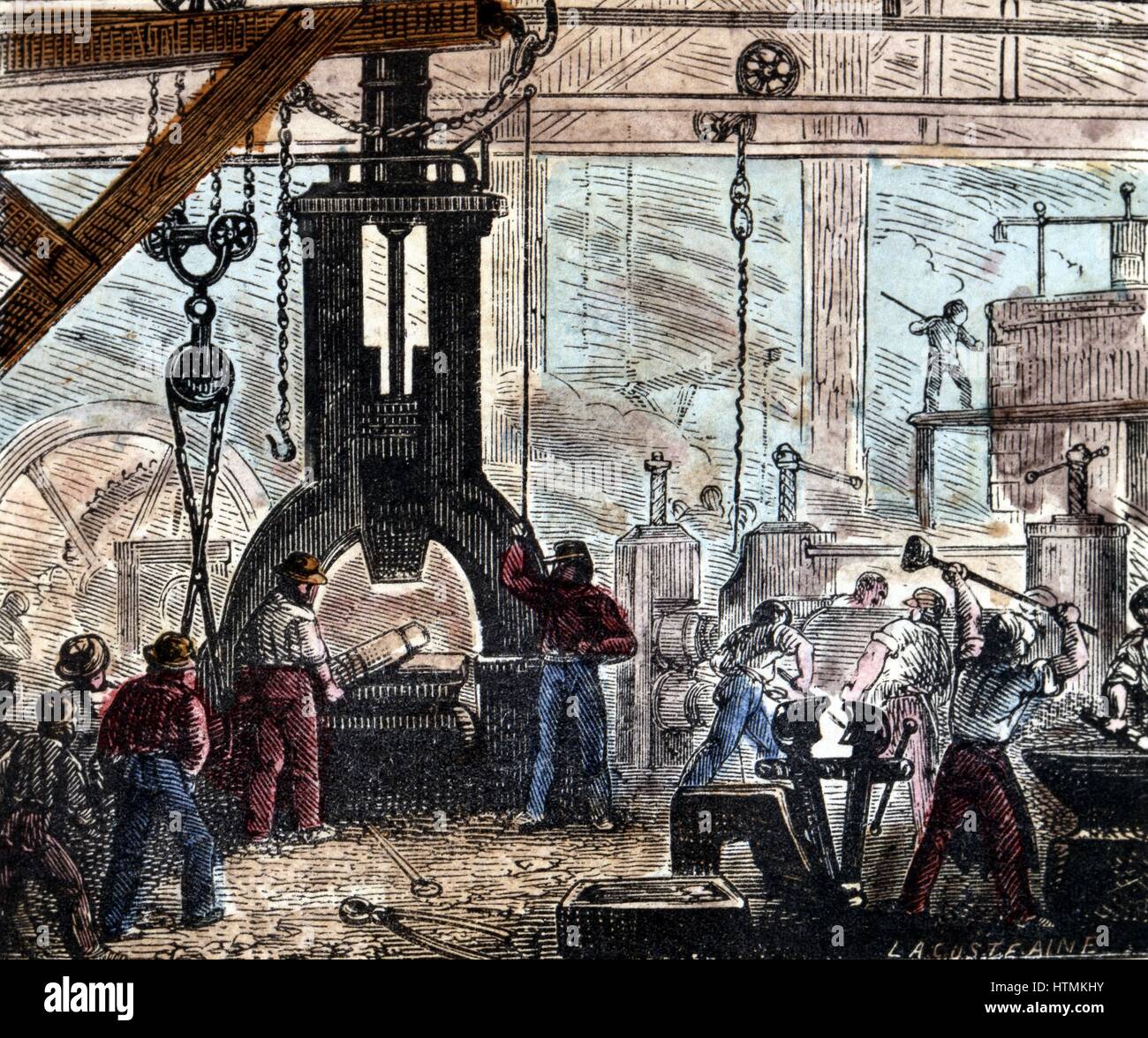 Marteau à vapeur utilisé dans une aciérie. À la main, gravure sur bois, Paris 1867 Banque D'Images