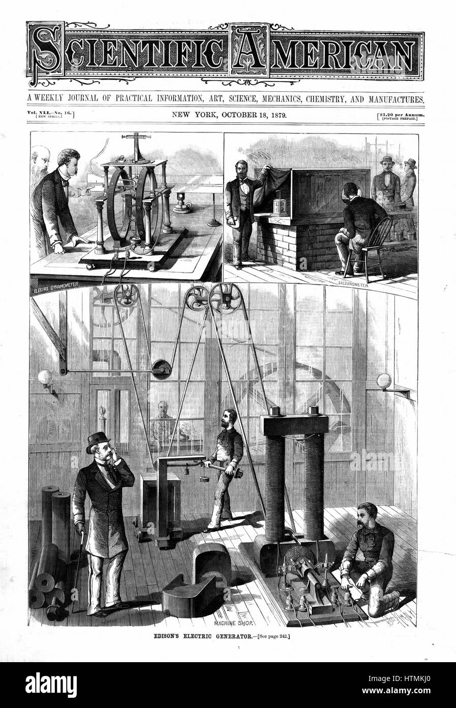 Le générateur d'Edison Electric Light à Menlo Park. Derrière les portes est le moteur 80 cv. Les deux illustrations (en haut) sont Edison's forme améliorée de JW Trowbridge's electric dynamomètre et Thomson's mirror galvanomètre. 'Scientific American' New York 1879 Banque D'Images