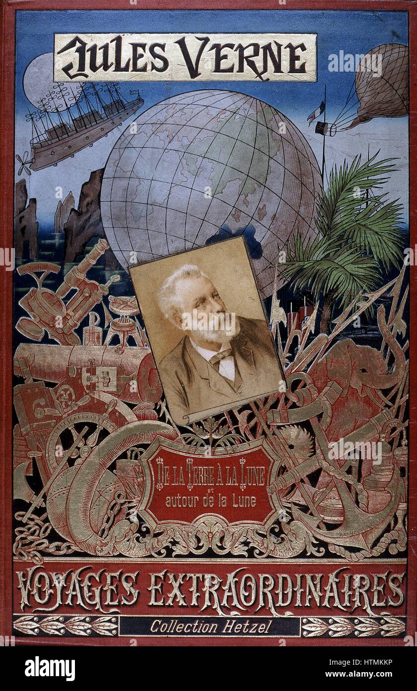 De La Terre A La Lune Serie Jules Verne (1828-1905) romancier français : Capot de 'De la Terre a la Lune"  et "Autour de la Lune" de sa série ' Voyages Extraordinaires' avec photo de  l'auteur dans le centre.