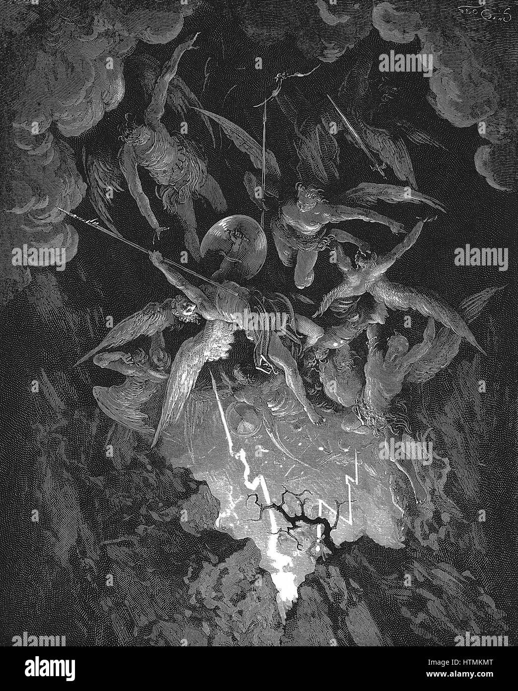 Gustave Dore illustration pour un poème épique de John Milton une dramatisation de la chute de l'homme dans la "Bible" en genèse. "Le paradis perdu" (1667) livre VI. Passer à travers la brèche dans le mur du ciel, les anges rebelles plongent vers le bas dans l'enfer. La gravure sur bois 1866 Banque D'Images