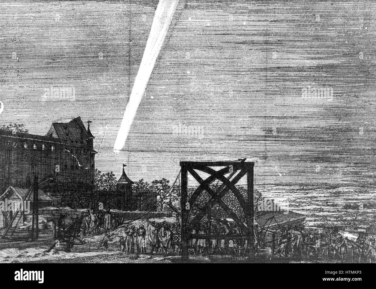 De décembre 1680 la comète (Kirch). À partir d'un dépliant par Simon Bornmeister 1681 Nuremberg publié. Newton a calculé qu'il roulait à 880 000 km/h et qu'il s'est si près du Soleil qu'à une époque, ce n'est qu'1/6 de la diamètre du Soleil sur sa surface. La gravure sur cuivre. Banque D'Images