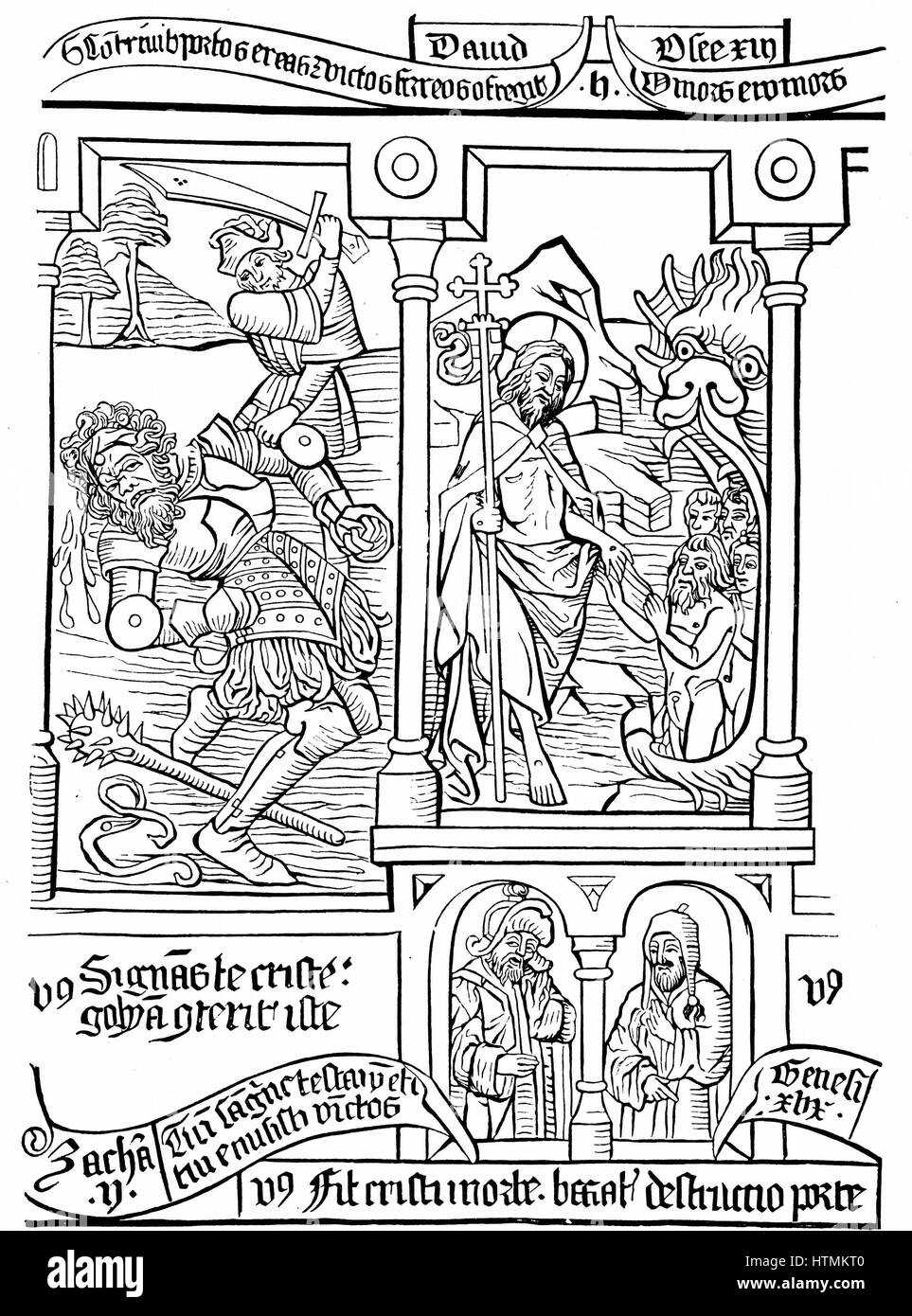 Page d'un 'Biblia pauperum' ('Bibles des Pauvres') montrant, à gauche, David terrassant Goliath et, à droite, le Christ descend dans les limbes pour libérer les âmes des patriarches. Gravure sur bois, 15e siècle Banque D'Images
