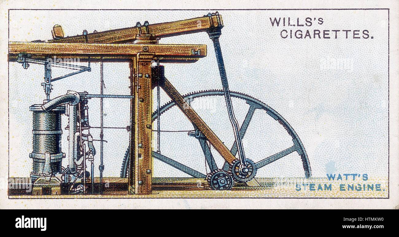 Machine à vapeur par James Watt (1736-1819) montrant sun-et-pignon planétaire la conversion de haut en bas la motion du faisceau à mouvement rotatif pour la conduite de machines. Carte de Londres publié en 1915. Chromolithographie. Banque D'Images