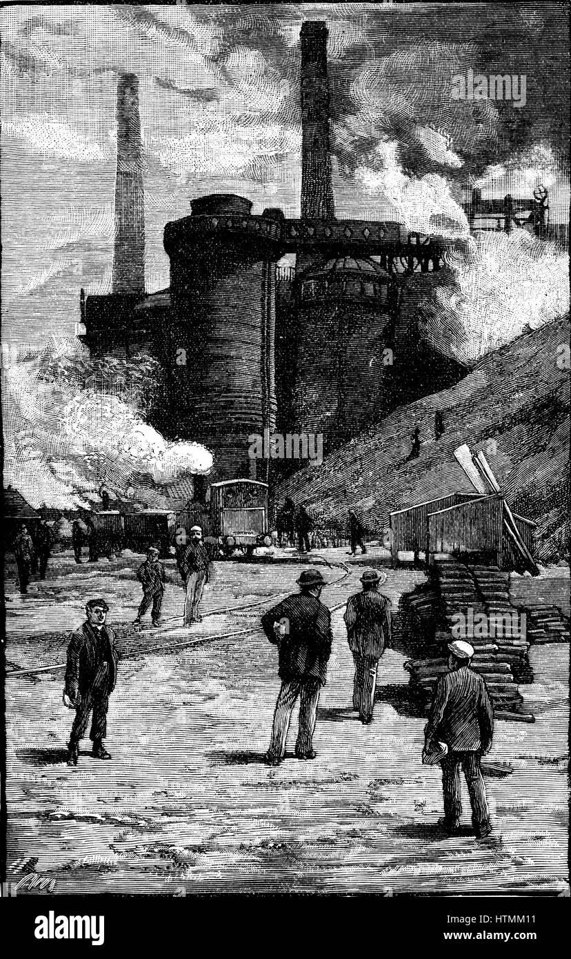 Les hauts fourneaux à Siemens Iron and Steel Works, Landore, Galles du Sud. La gravure sur bois 1885 Banque D'Images