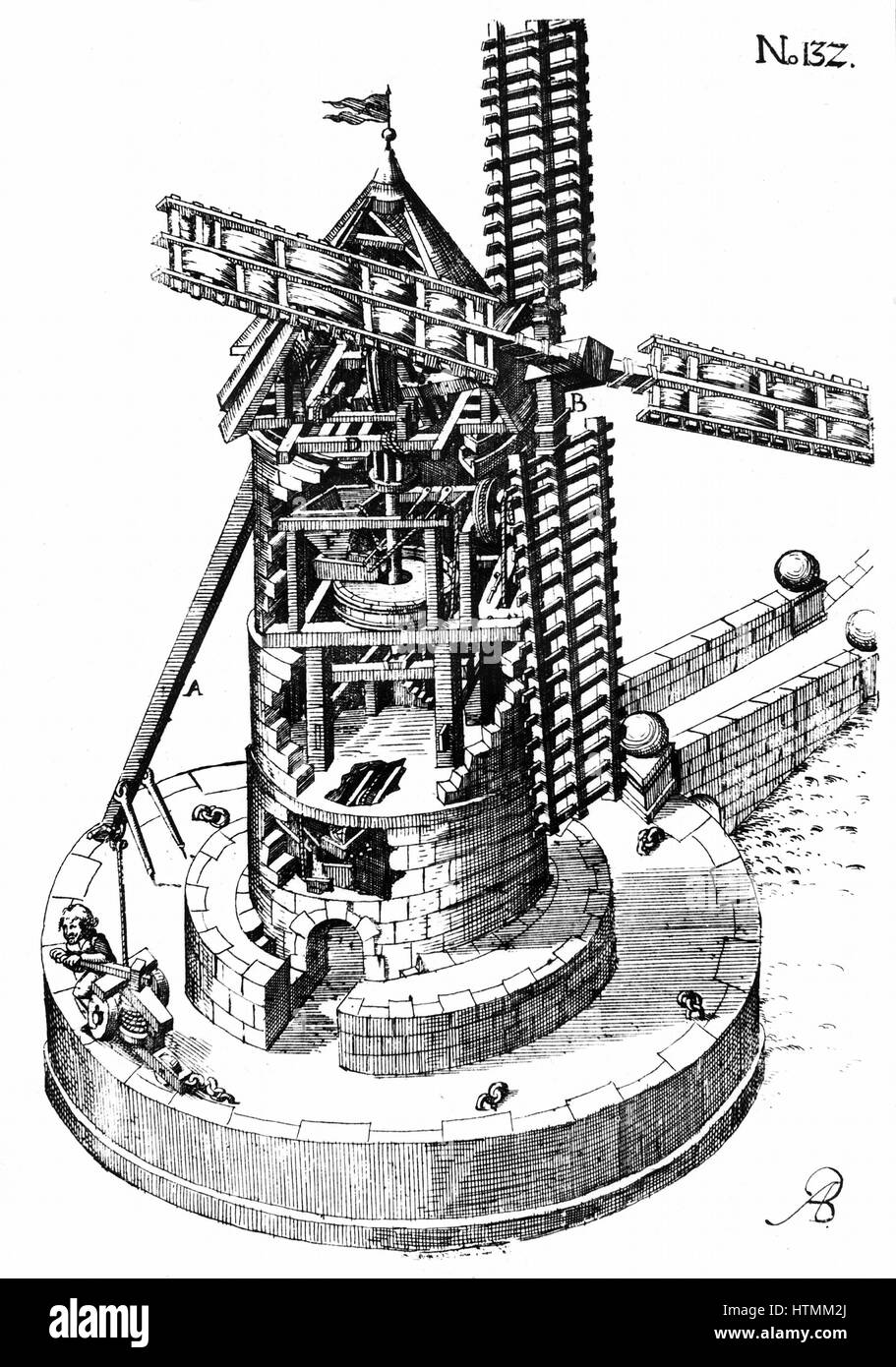 Tower Mill : Coupe de moulin montrant des grains dans les meules dans le centre. Miller est le tournant de la tour de l'usine de sorte que voiles face au vent. À partir de la version allemande de Agostino Ramelli 'Le artifiiciose et divers machine' publié 1620. En Banque D'Images