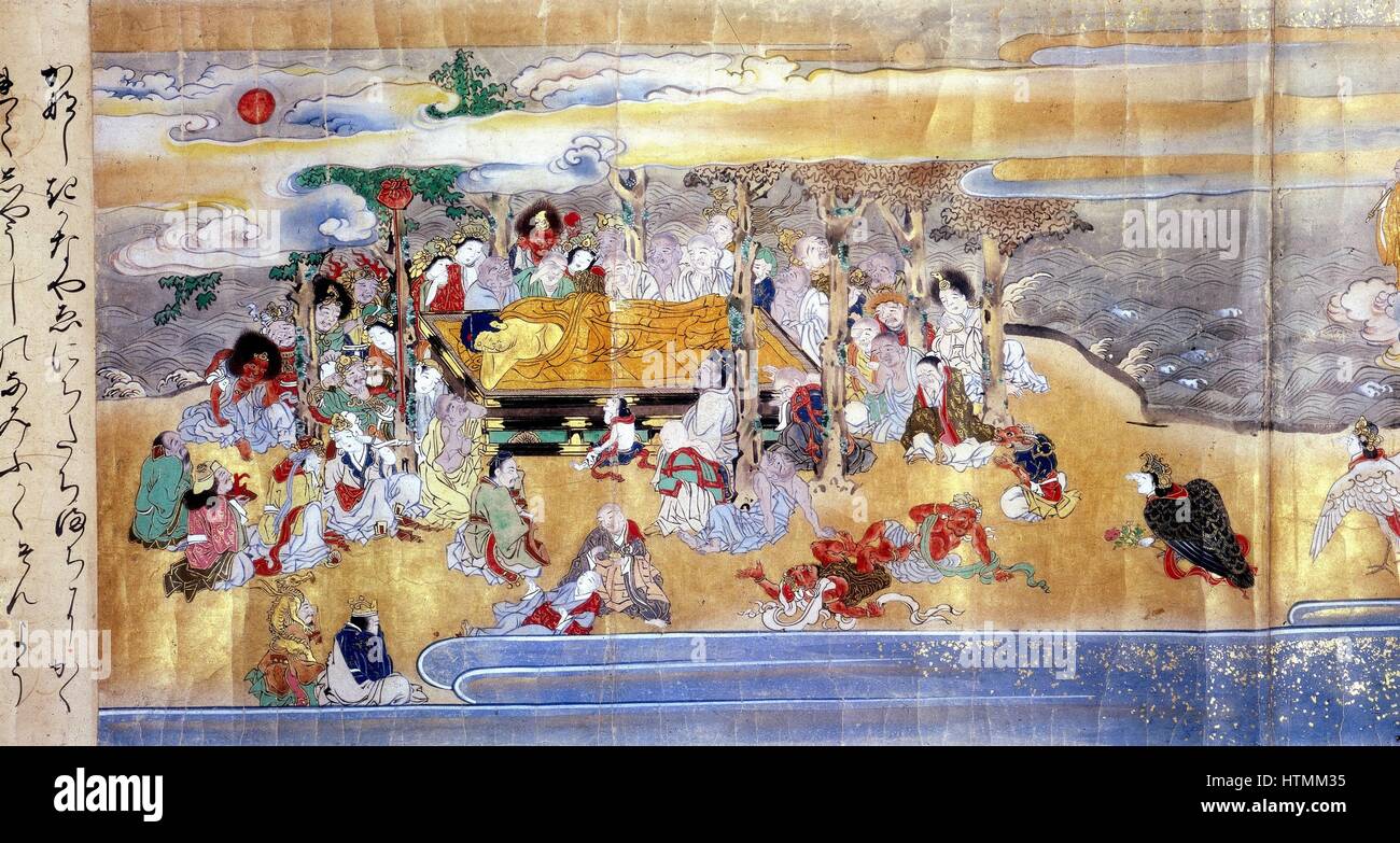 La mort de Bouddha, Pari Nirvana. À partir de l'épisode japonais du 18ème siècle manuscrit faire défiler. B.M., London Banque D'Images