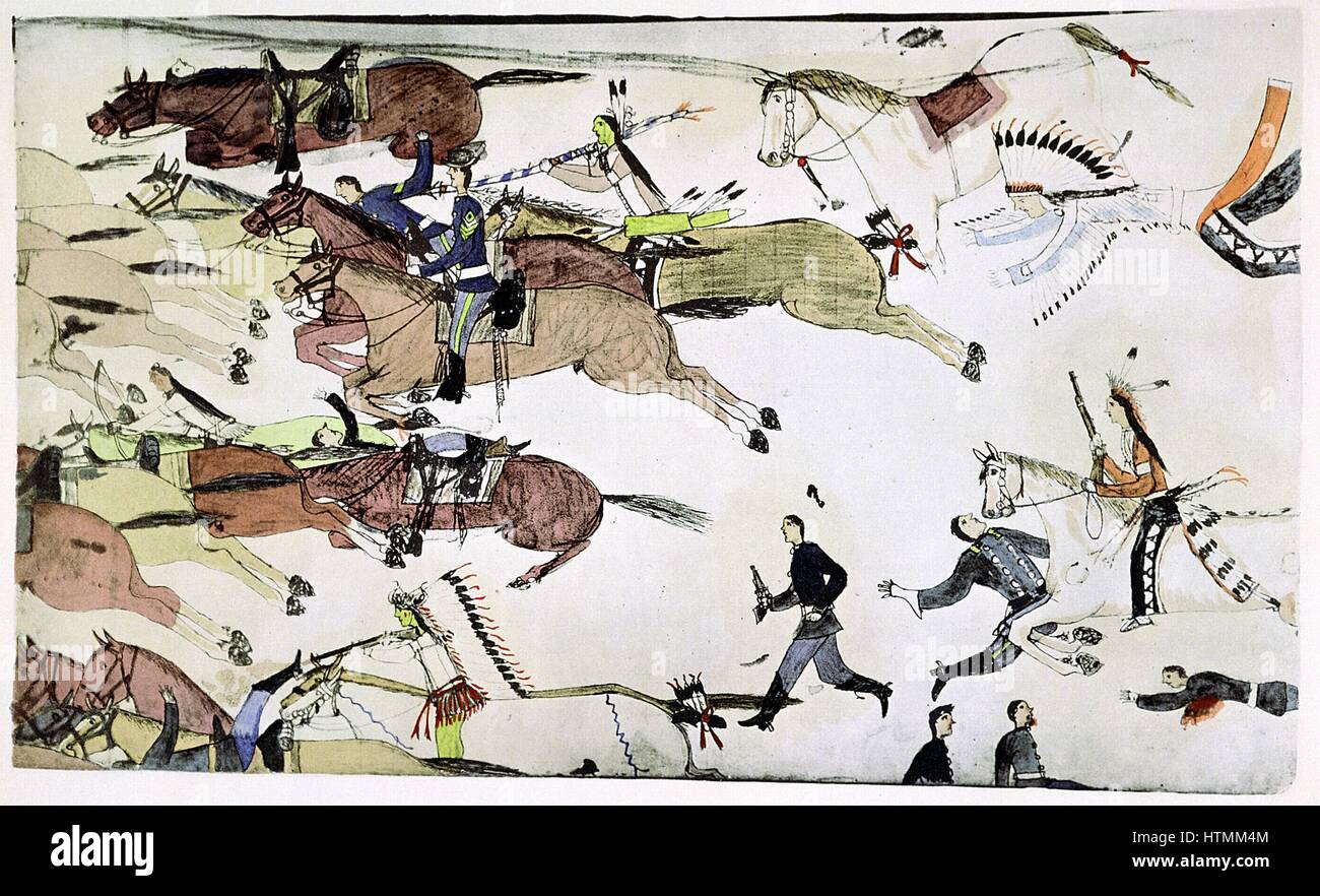 Bataille de Little Big Horn 25 et 26 juin 1876. Retraite des 7e bataillons de Cavalerie US dans le cadre du grand Marcus Reno en face de fr Peinture par Amos mauvais coeur Buffalo (Sioux) c. 1900 Banque D'Images