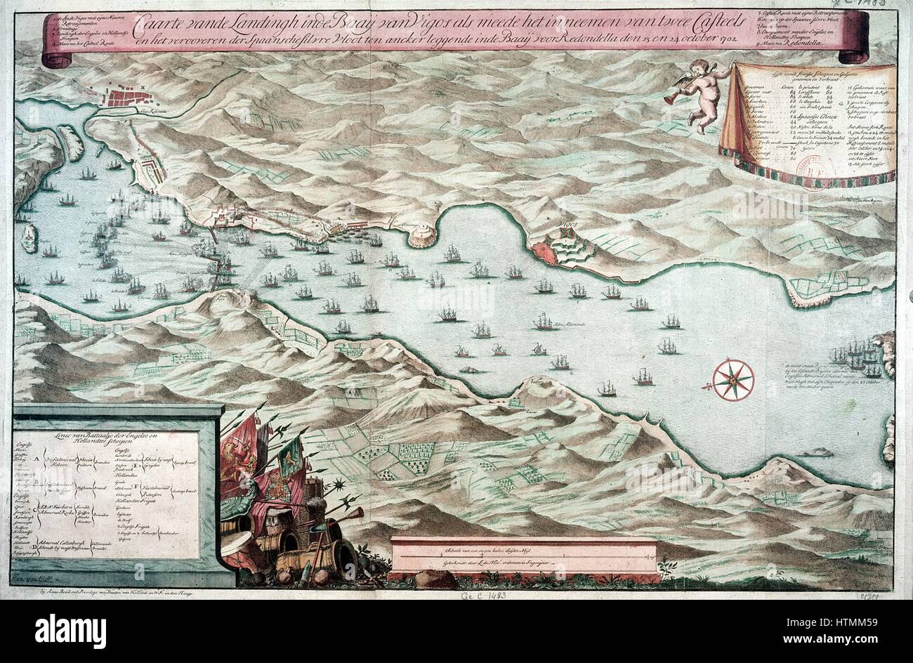 Bataille de la baie de Vigo, Espagne, le 12 octobre 1702. La Flotte au Trésor espagnol défait par les flottes combinées Anglais et Néerlandais. Guerre de Succession d'Espagne, 1701-14. Plan néerlandais de l'engagement. Bibliothèque Nationale, Paris. Banque D'Images