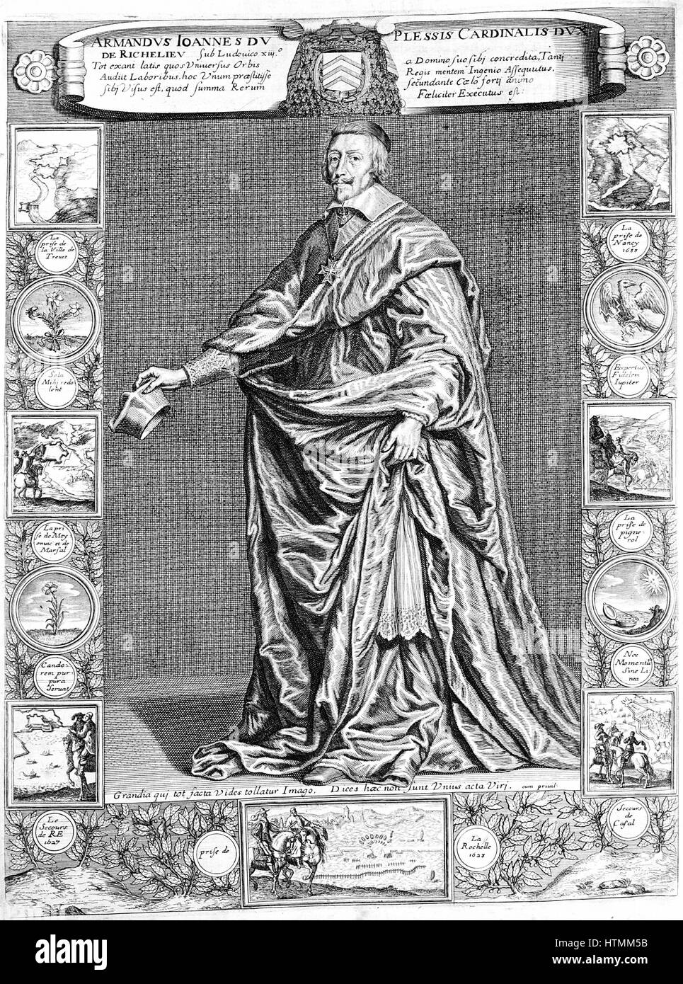 Jean Armand Duplessis, Duc de Richelieu (1585-1642), prélat et homme d'État français : Cardinal 1624 : Ministre d'état de Louis XIII et de facto de la France à partir de 1629. Gravure d'après Philippe de Champaigne portrait et entouré ses réalisations dans Banque D'Images