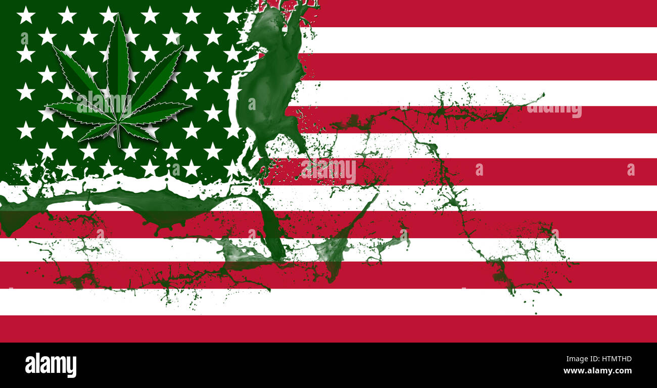 Drapeau américain avec des feuilles de cannabis sur champ stellaire illustrant l'usage récréatif de la marijuana aux États-Unis. Banque D'Images