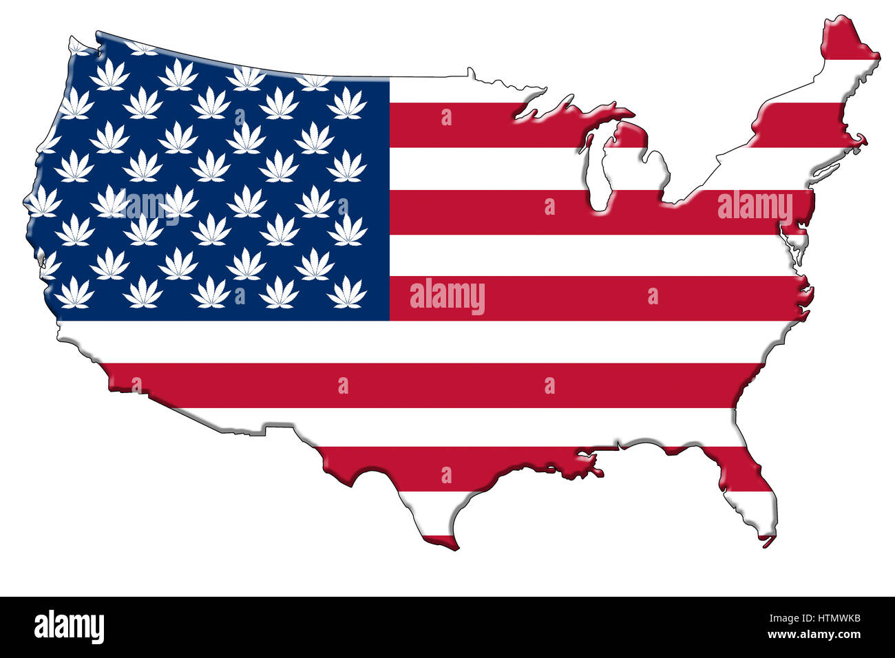 Drapeau américain avec des feuilles de cannabis au lieu d'étoiles dans la forme du continent de l'USA. Banque D'Images