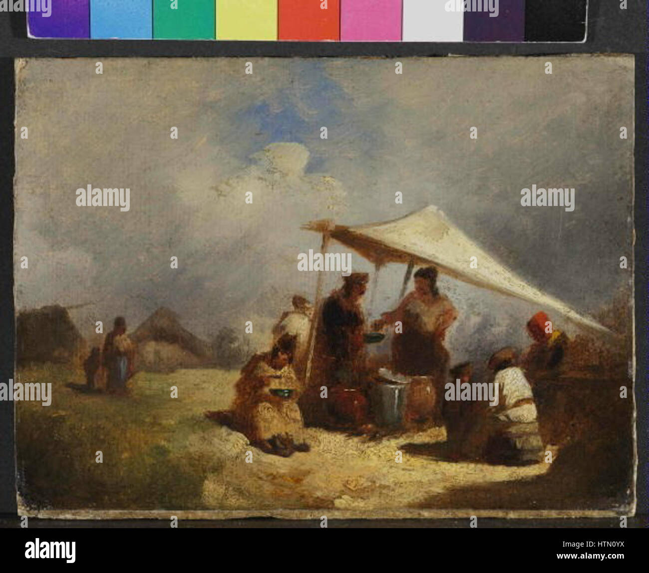 Cikansky Tabor (le camp gitan) de Josef Navratil est une peinture de l'époque romantique qui capture une scène vibrante de la vie gitane au XIXe siècle. L'œuvre représente un camp animé avec des vêtements détaillés et une atmosphère dynamique. Banque D'Images