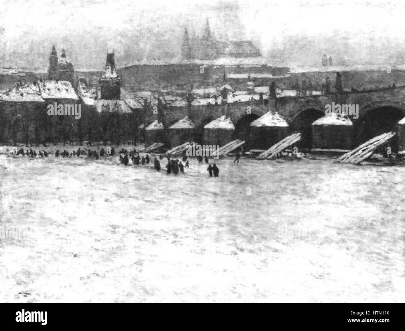 Le tableau de Josef Ullmann 'Zimni Praha s Karlovym mostem' représente la scène hivernale à Prague avec l'emblématique pont Charles en arrière-plan. L’œuvre met en valeur la maîtrise d’Ullmann dans la capture de la beauté et de la tranquillité des paysages hivernaux, dans le contexte historique de l’architecture de Prague. Banque D'Images