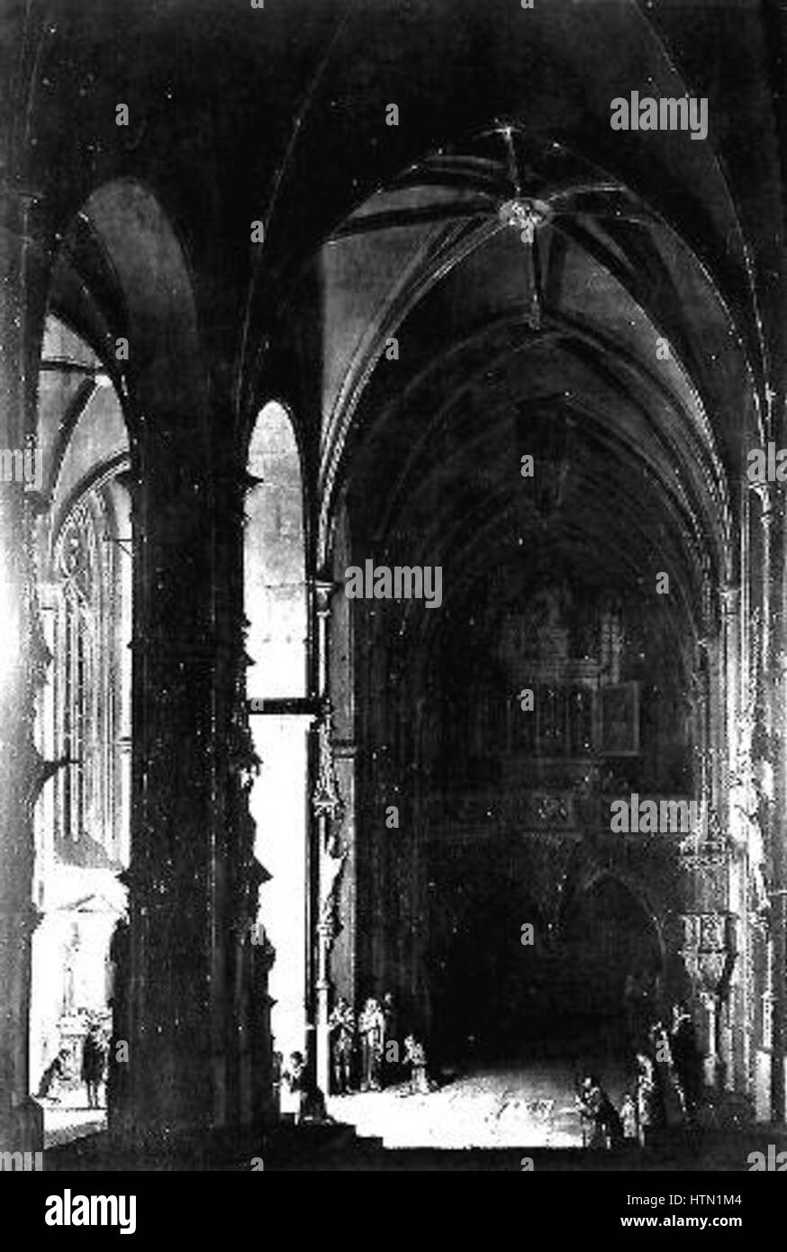 L’œuvre de Ludvik Kohl intérieur d’une église gothique avec messe dépeint l’atmosphère solennelle d’une église gothique lors d’un service religieux. La peinture illustre l’attention particulière portée par Kohl aux espaces architecturaux et aux rituels sacrés. Banque D'Images