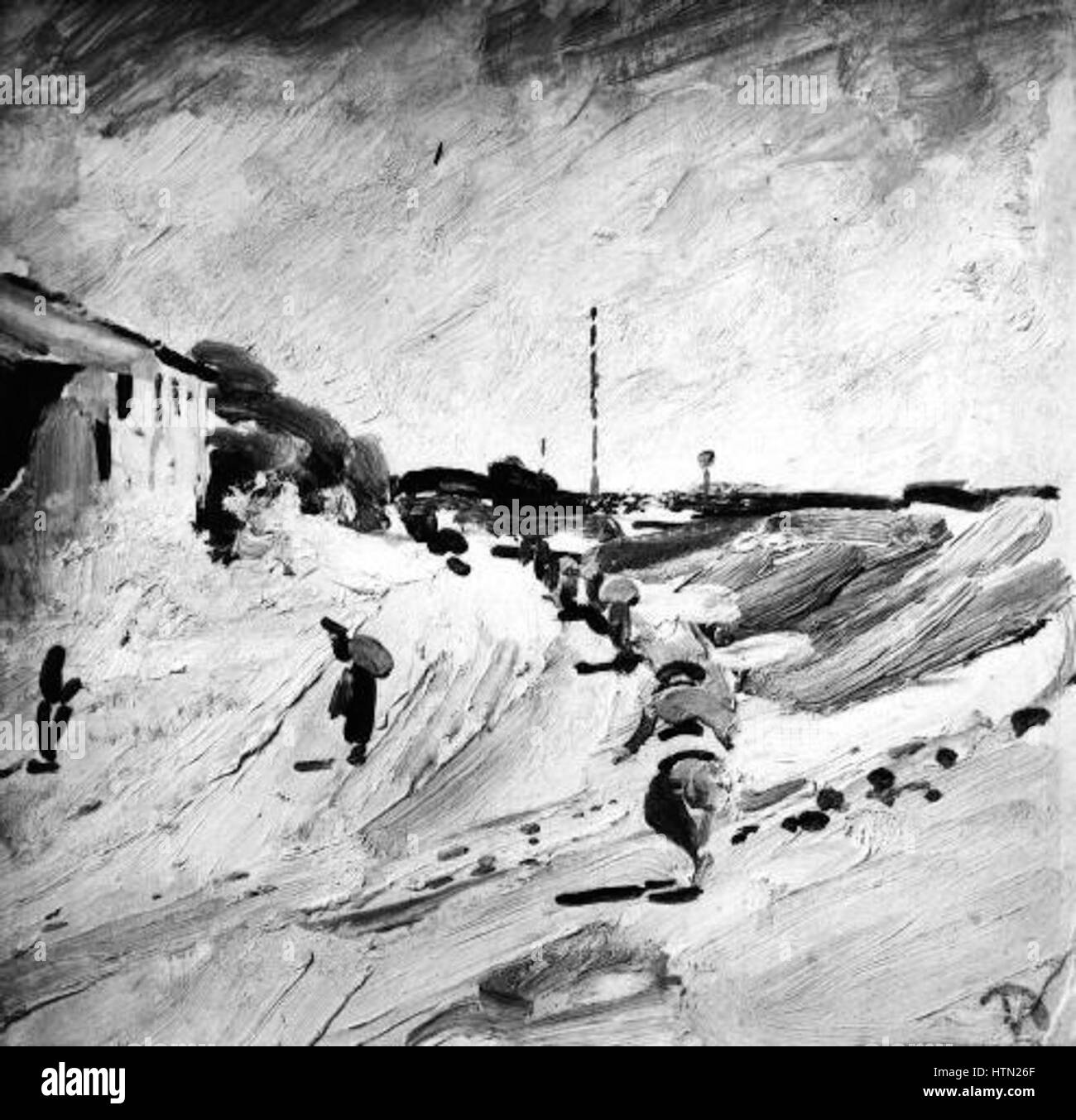 « Na frontu » de Vaclav Pokorny (sur le front) capture un moment en temps de guerre, représentant des soldats sur les lignes de front. La peinture met l'accent sur les émotions des soldats et l'atmosphère intense du conflit, une représentation brutale du coût humain de la guerre. Banque D'Images