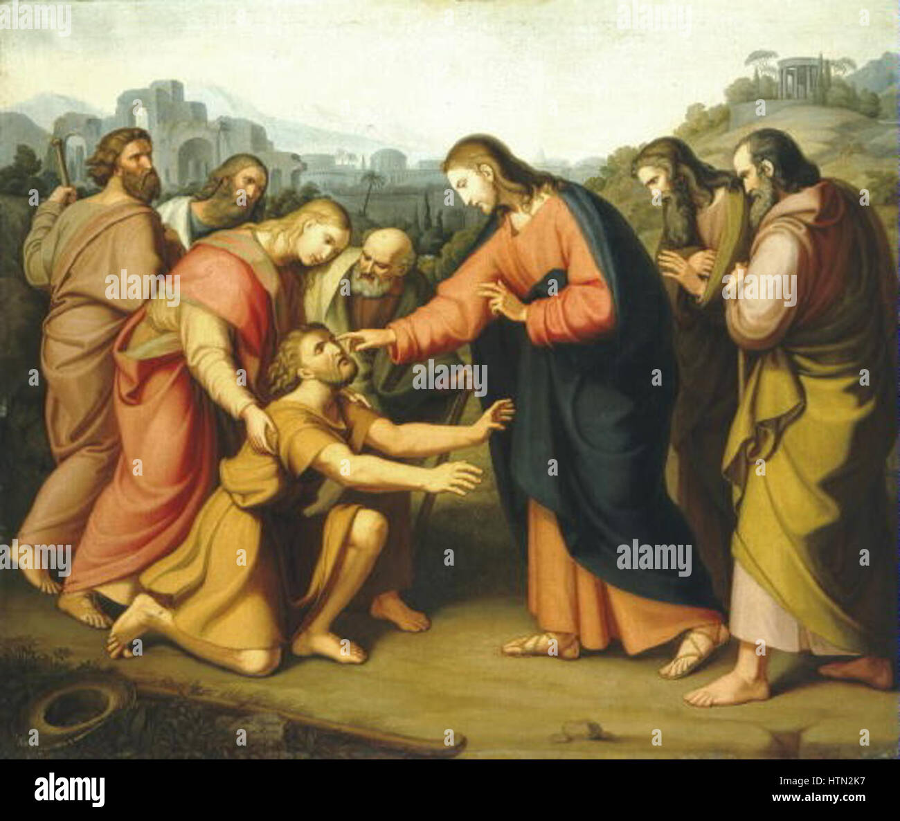 'Kristus leci slepce Uzdraveni slepeho' de Vaclav Manes (1793-1858) représente la scène biblique du Christ guérissant un aveugle. La peinture capture le moment de l’intervention divine avec une profondeur émotionnelle. Banque D'Images