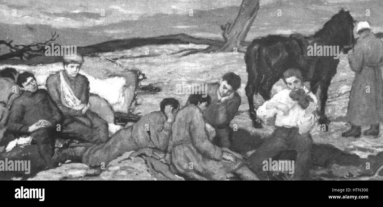 'Vojenske vzpominky' de Karel Spillar est une œuvre reflétant les expériences de l'artiste pendant son service militaire. Spillar, actif au début du XXe siècle, utilise cette peinture pour explorer les thèmes de la guerre et de la mémoire, capturant l'intensité de la guerre à travers une lentille personnelle. Banque D'Images
