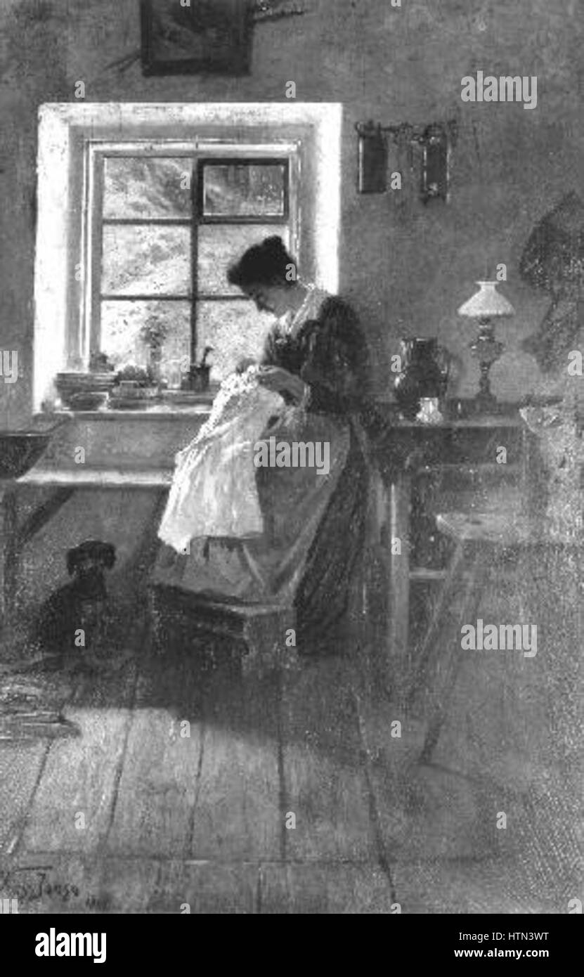 *Zena sedici u okna* (femme à la fenêtre) de Vaclav Jansa capture un moment calme d'introspection, alors qu'une jeune femme regarde par une fenêtre. La peinture explore les thèmes de la solitude et de la réflexion intérieure, en utilisant la lumière et l'ombre pour créer de la profondeur. Banque D'Images