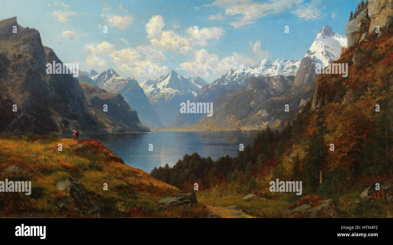 « Urnersee » de Josef Schoyerer dépeint le paysage serein du lac Uri en Suisse, capturant les eaux calmes et les montagnes environnantes. L’œuvre illustre la maîtrise des paysages naturels par Schoyerer et son appréciation des paysages suisses. Banque D'Images « Urnersee » de Josef Schoyerer dépeint le paysage serein du lac Uri en Suisse, capturant les eaux calmes et les montagnes environnantes. L’œuvre illustre la maîtrise des paysages naturels par Schoyerer et son appréciation des paysages suisses. Banque D'Images