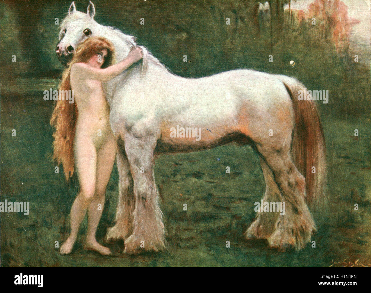 « Woman with Horse » est une peinture figurative qui capture le lien fort entre une femme et son cheval. L'œuvre se concentre sur la relation dynamique entre les sujets, mettant en évidence le mouvement et l'émotion dans une représentation naturaliste de l'interaction homme-animal. Banque D'Images