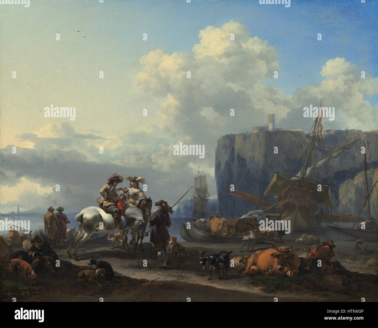 Cette peinture offre une vue panoramique d'un port italien, capturant l'environnement maritime animé. La composition souligne l'harmonie entre la mer, les bateaux et l'architecture environnante. Banque D'Images