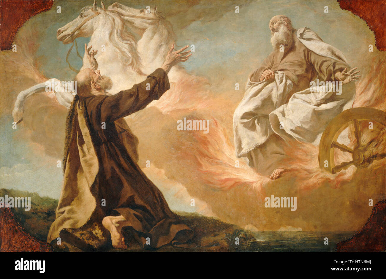 'Elijah pris dans un chariot de feu' E112193 dépeint le moment biblique où le prophète Elijah monte au ciel dans un chariot ardent, un événement capturé dans les détails vifs. La peinture met en valeur la nature dramatique et divine du moment. Banque D'Images