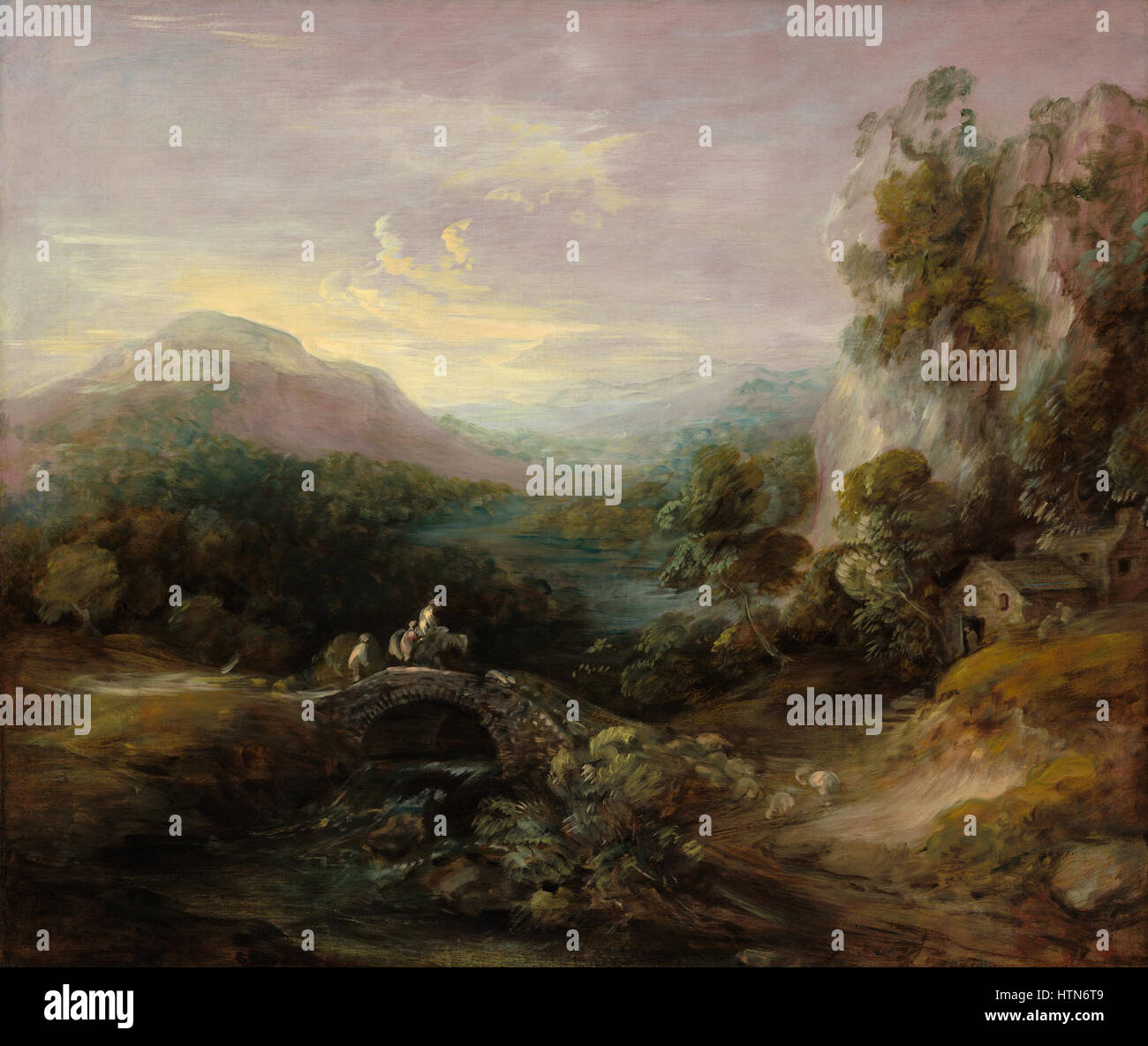 Cette peinture de paysage présente une scène de montagne avec un pont, mettant en valeur la beauté de la nature et l'harmonie entre les constructions humaines et l'environnement naturel. La scène reflète les traditions paysagères classiques en fine largeur Banque D'Images