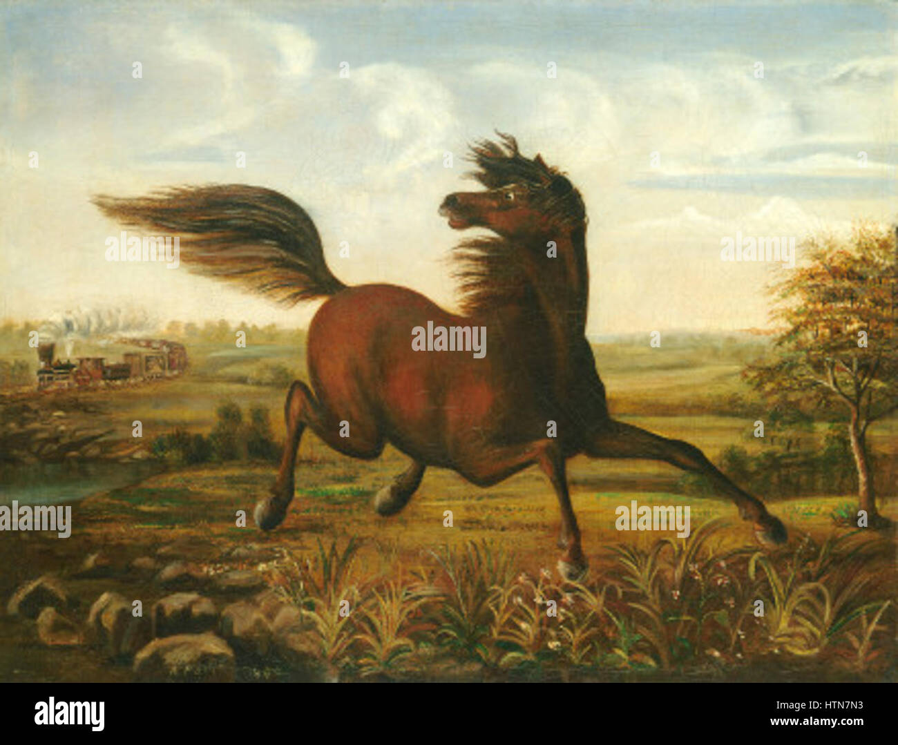 « The Neigh of an Iron Horse » est un titre métaphorique qui fait probablement référence au son d’une locomotive à vapeur, représentant l’avènement de la révolution industrielle. Le « cheval de fer » était un terme courant pour les premiers trains, symbolisant le progrès technologique et le paysage changeant des transports au cours du XIXe siècle. Banque D'Images