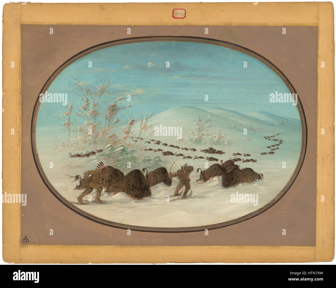 « Buffalo Chase in the Snow Drifts » est une représentation historique d'une scène de chasse ojibwe, capturant le rude paysage hivernal. L'œuvre met en évidence les méthodes de chasse traditionnelles du peuple Ojibwe et leur lien avec la terre et les animaux. Banque D'Images