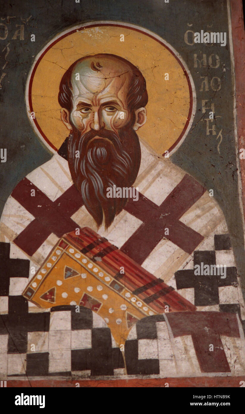 Les *peintures de l'église Theotokos Peribleptos* à Ohrid représentent diverses scènes de la vie de la Vierge Marie, mettant en évidence les qualités spirituelles et dévotionnelles de l'art byzantin au XIe siècle. Ces œuvres mettent l’accent sur l’iconographie religieuse et le récit sacré. Banque D'Images