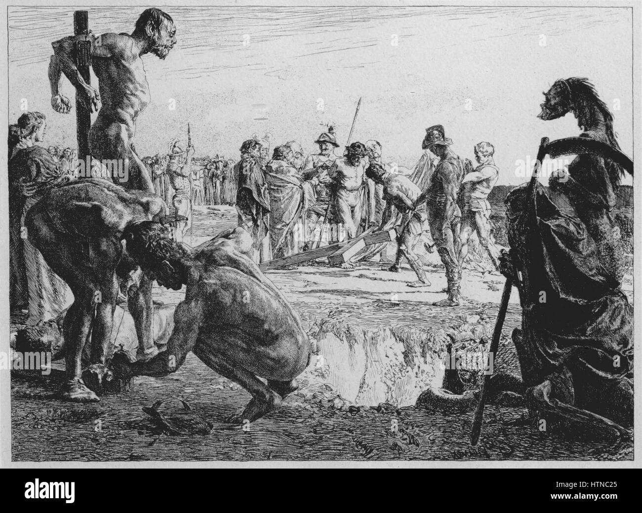 'Golgotha' d'Otto Greiner représente la crucifixion du Christ sur la colline du Golgotha. L'œuvre est connue pour son intensité émotionnelle, l'utilisation dramatique de la lumière et de l'ombre, et la représentation puissante de la scène biblique, mettant en évidence la douleur et le sacrifice de l'événement. Banque D'Images