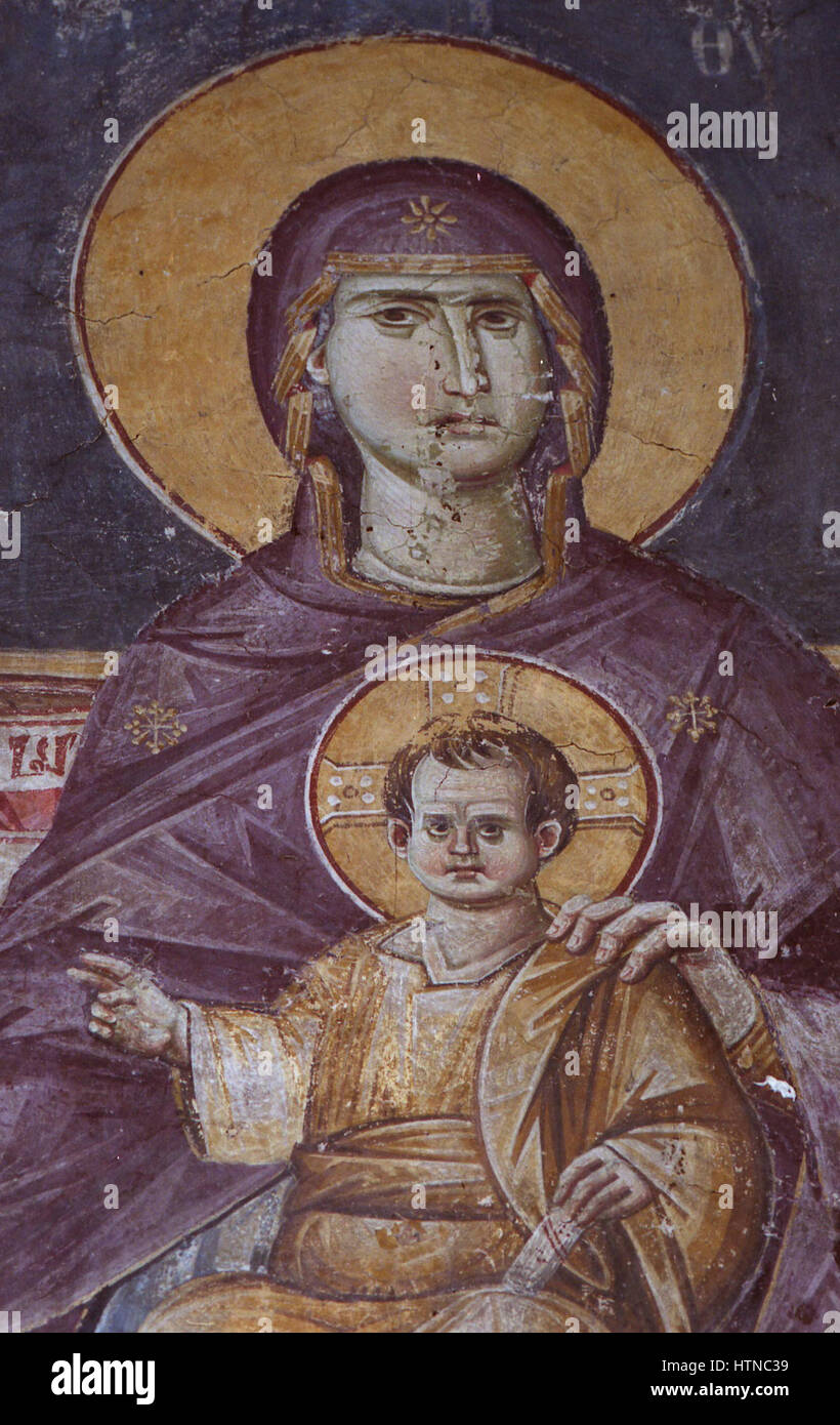 Les peintures de l'église du Théotokos Peribleptos à Ohrid représentent des moments importants de l'iconographie chrétienne. Les fresques sont connues pour leur signification religieuse et leur utilisation vibrante des couleurs. Banque D'Images