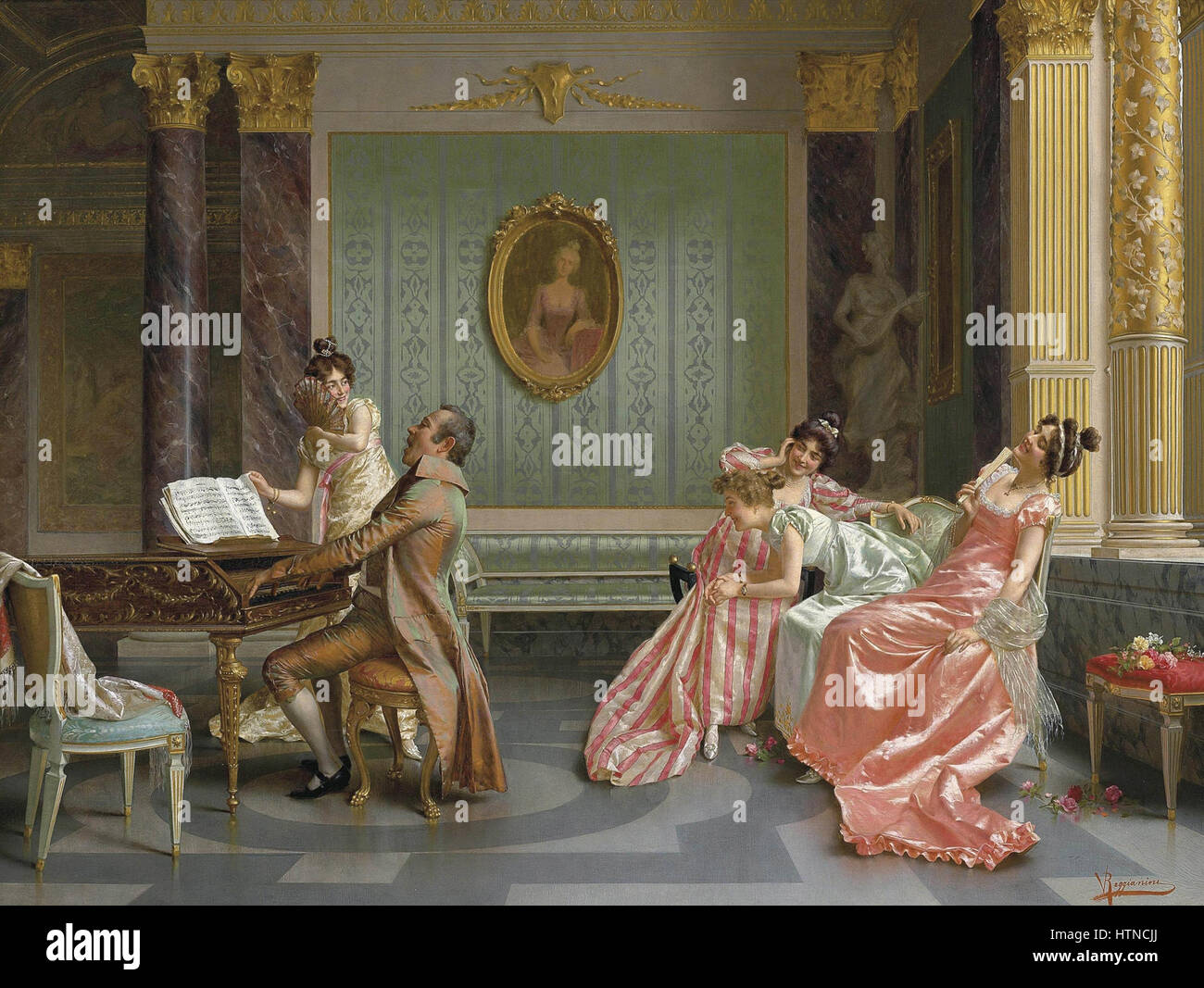 « Le récital » de Vittorio Reggianini dépeint une scène intérieure sophistiquée avec une femme jouant du piano. L’attention méticuleuse portée aux détails par l’artiste dans la composition souligne l’élégance du salon européen du XIXe siècle. Banque D'Images « Le récital » de Vittorio Reggianini dépeint une scène intérieure sophistiquée avec une femme jouant du piano. L’attention méticuleuse portée aux détails par l’artiste dans la composition souligne l’élégance du salon européen du XIXe siècle. Banque D'Images