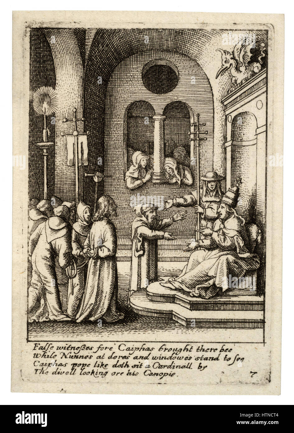 La gravure de Venceslas Hollar, « Jésus de nouveau avant Caiaphas », représente une scène de la passion du Christ, mettant en valeur le moment où Jésus est jugé devant le grand prêtre Caiaphas. L’œuvre de Hollar est connue pour sa représentation détaillée et dramatique des événements bibliques. Banque D'Images