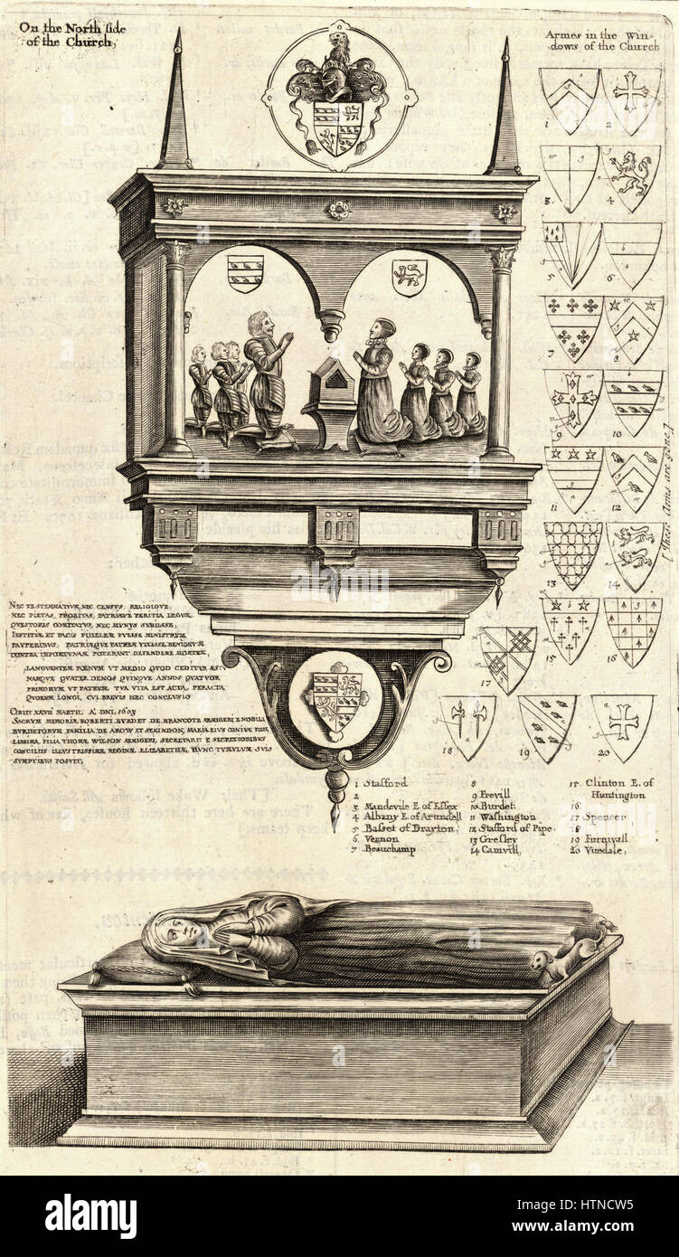 Le « monument Burdet » de Venceslas Hollar (État 2) représente le mémorial à une figure historique importante. Connu pour ses techniques de gravure méticuleuses, Hollar donne vie aux détails du monument et aux inscriptions dans sa gravure détaillée. Banque D'Images