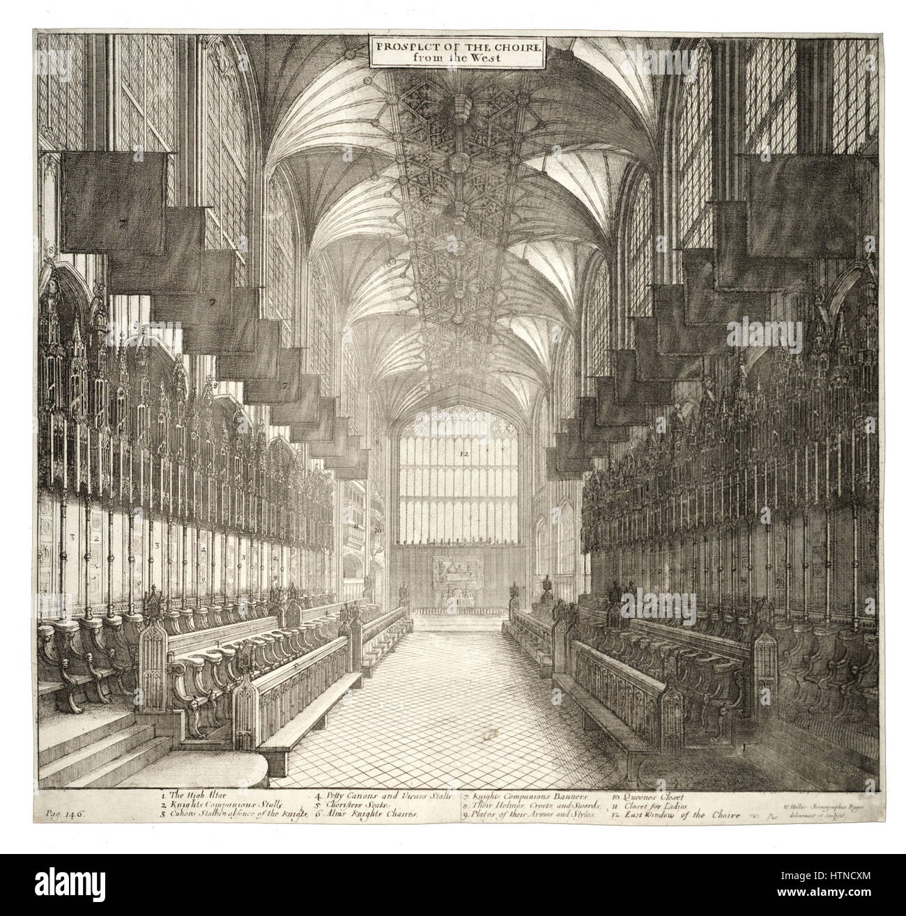 La gravure de Wenceslas Hollar de la chapelle de George de Windsor capture les détails complexes du chœur de la chapelle. L'œuvre est connue pour sa précision et la capacité de rendre des caractéristiques architecturales avec une précision remarquable. Banque D'Images