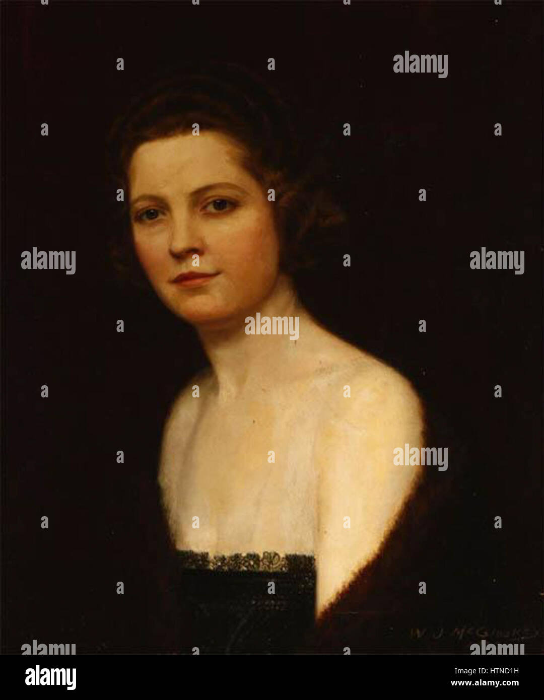 William J. McCloskey - Portrait d'une femme dans une robe de dentelle noire et de la fourrure Banque D'Images