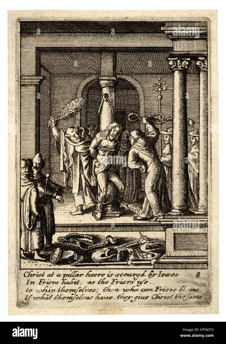 La gravure de Wenceslas Hollar « The Scourging 2 » représente le moment brutal de la flétrissure du Christ, avec des détails complexes et des contrastes frappants. Connu pour son dessin au trait précis, le portrait de Hollar souligne la physicalité de la souffrance et l’intensité dramatique de l’événement biblique. Banque D'Images